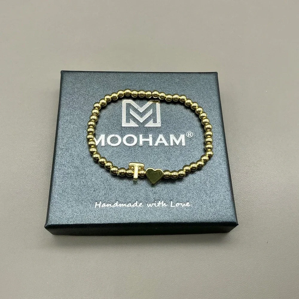 MOOHAM Initial Bracelet Women Gold Beaded Stretch Heart Charm Letter T Jewelry